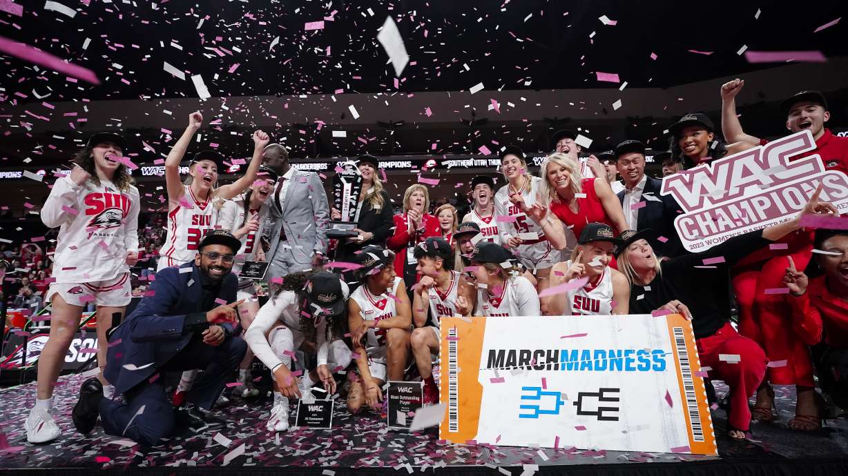 Southern Utah women's basketball celebrates the program's first WAC Tournament title and NCAA Tournament berth after a championship game win over California Baptist, Saturday, March 11, 2023 at Orleans Arena in Las Vegas.