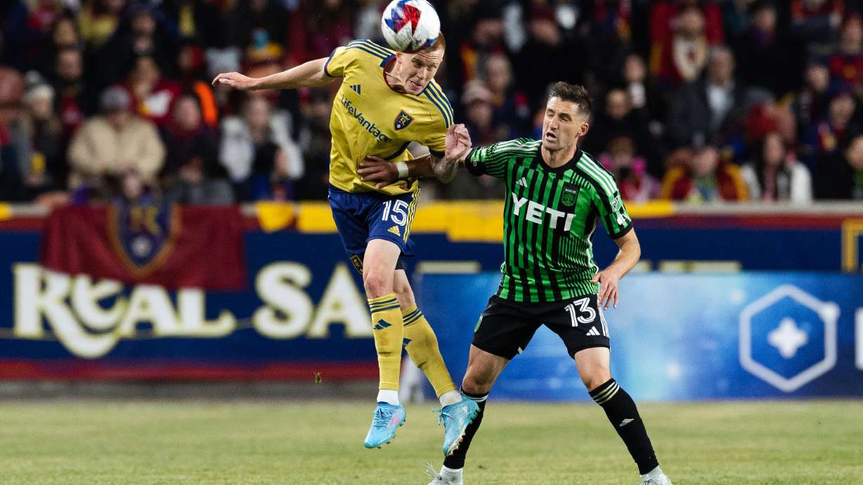 Justen Glad heads the ball during a MLS match at America First Field in Sandy on March 11, 2023.