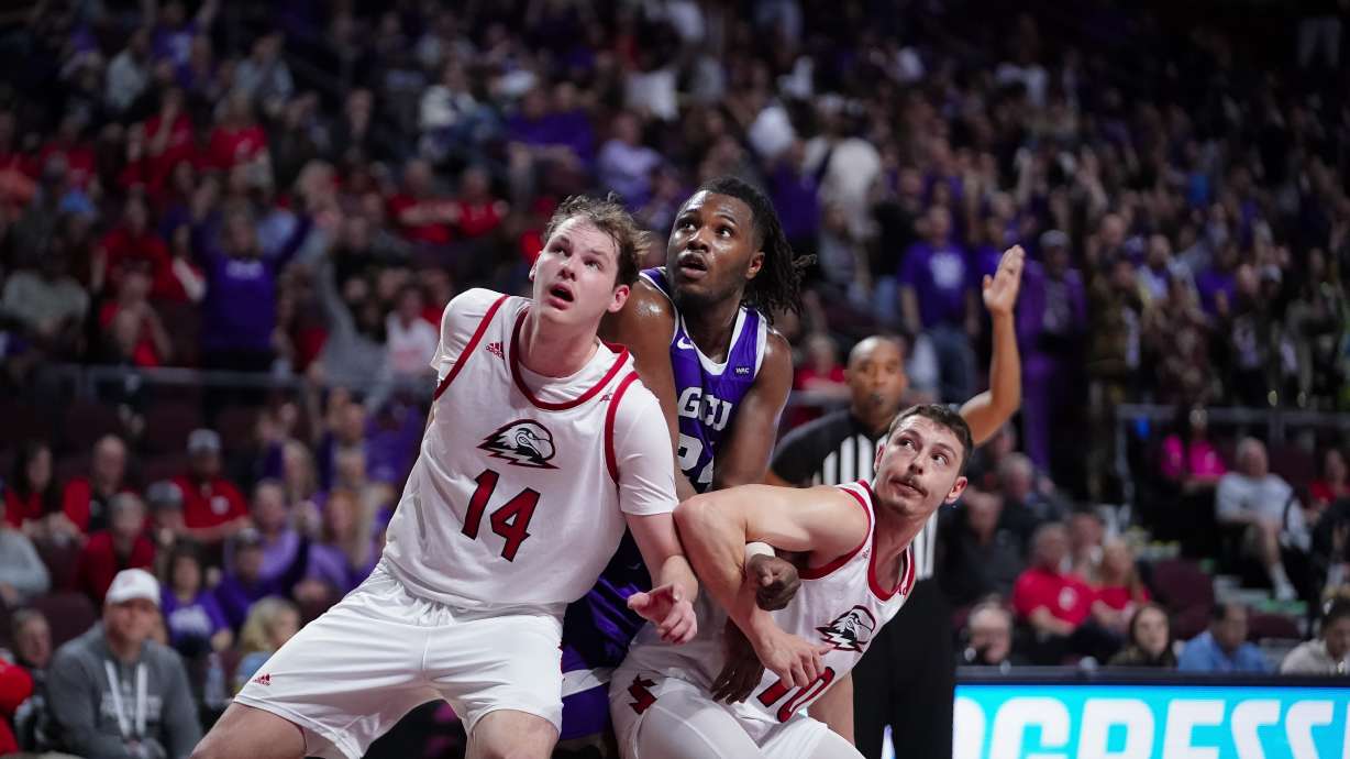 Southern Utah center Jason Spurgin boxes out on a free-throw attempt during the WAC Tournament championship game against GCU, Saturday, March 11, 2023, at Orleans Arena in Las Vegas.