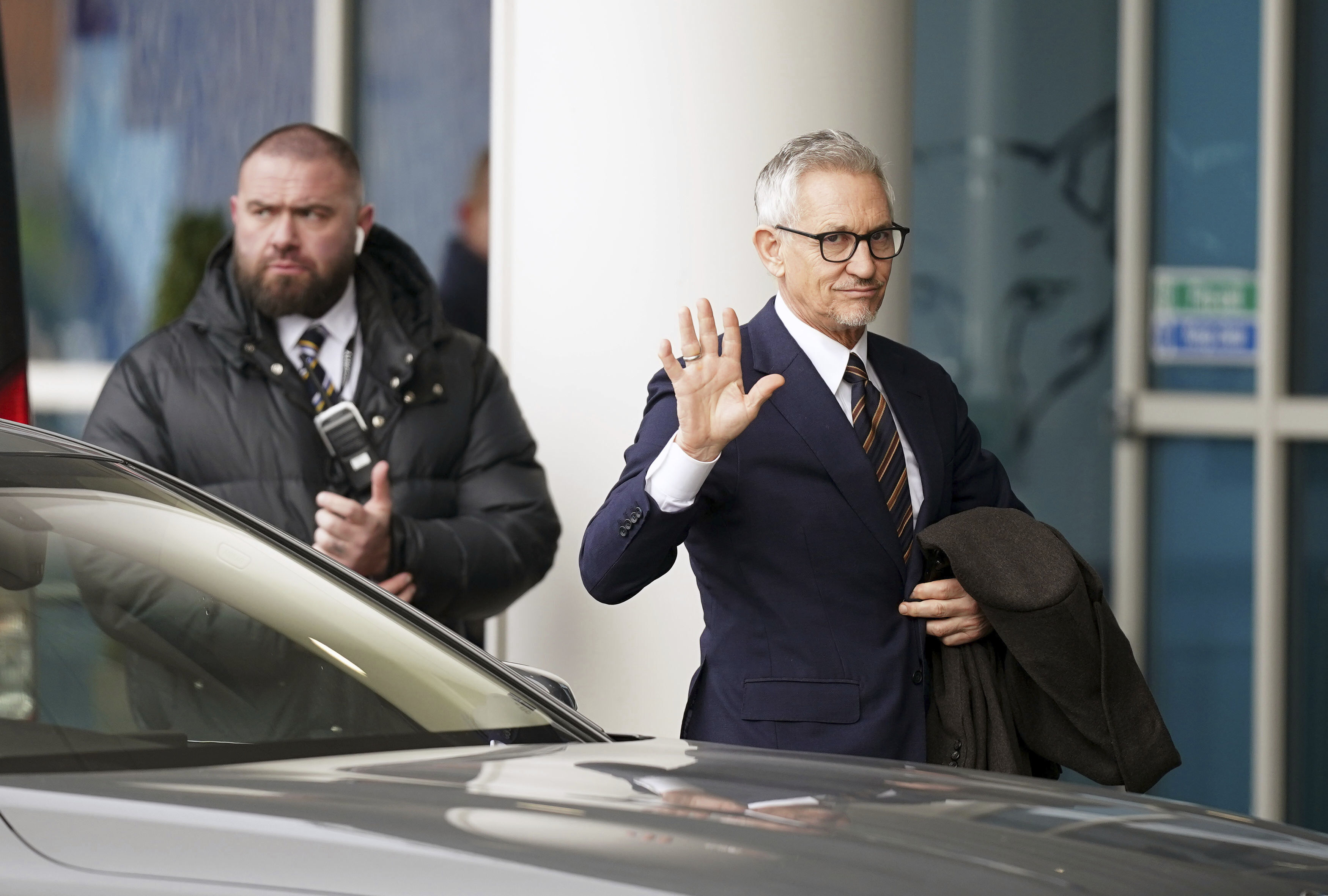 Soccer broadcaster Gary Lineker arrives ahead of the English Premier League soccer match between Leicester City and Chelsea, at the King Power Stadium, in Leicester, England, Saturday, March 11, 2023. 