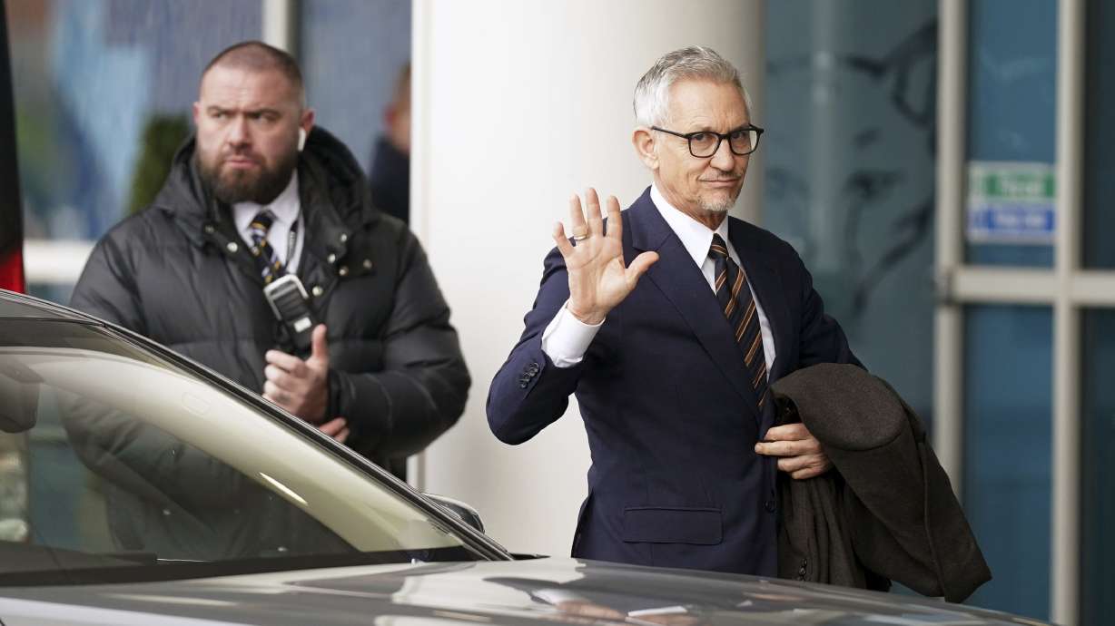 Soccer broadcaster Gary Lineker arrives ahead of the English Premier League soccer match between Leicester City and Chelsea, at the King Power Stadium, in Leicester, England, Saturday, March 11, 2023.