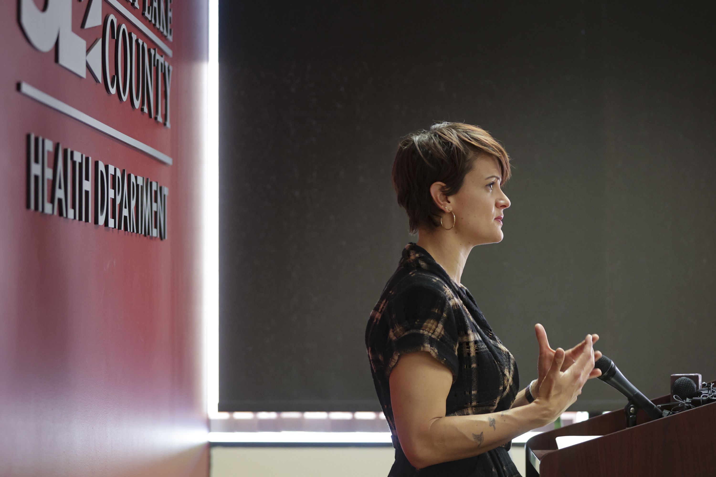 Dr. Angela Dunn, executive director of the Salt Lake County Health Department, speaks to members of media during a press conference at the Salt Lake County Government Center in Salt Lake City on May 23, 2022.