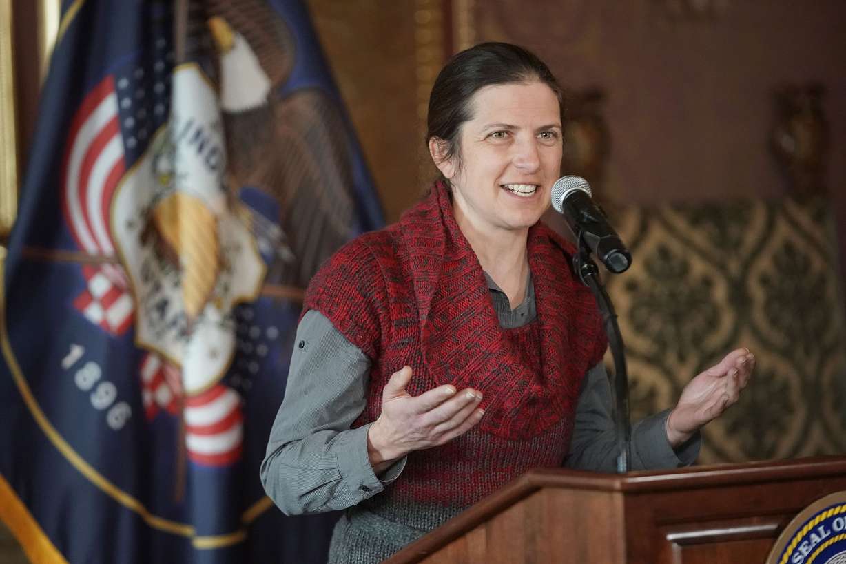 State epidemiologist Dr. Leisha Nolen speaks during a press conference about COVID-19 and the omicron variant at the Capitol in Salt Lake City on Jan. 14, 2022.