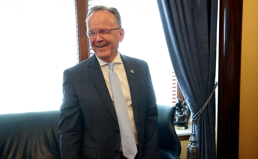 Senate President Stuart Adams, R-Layton, leaves a meeting with media at the Capitol in Salt Lake City, on Feb. 28. State leaders opined on how Utah handled the pandemic.