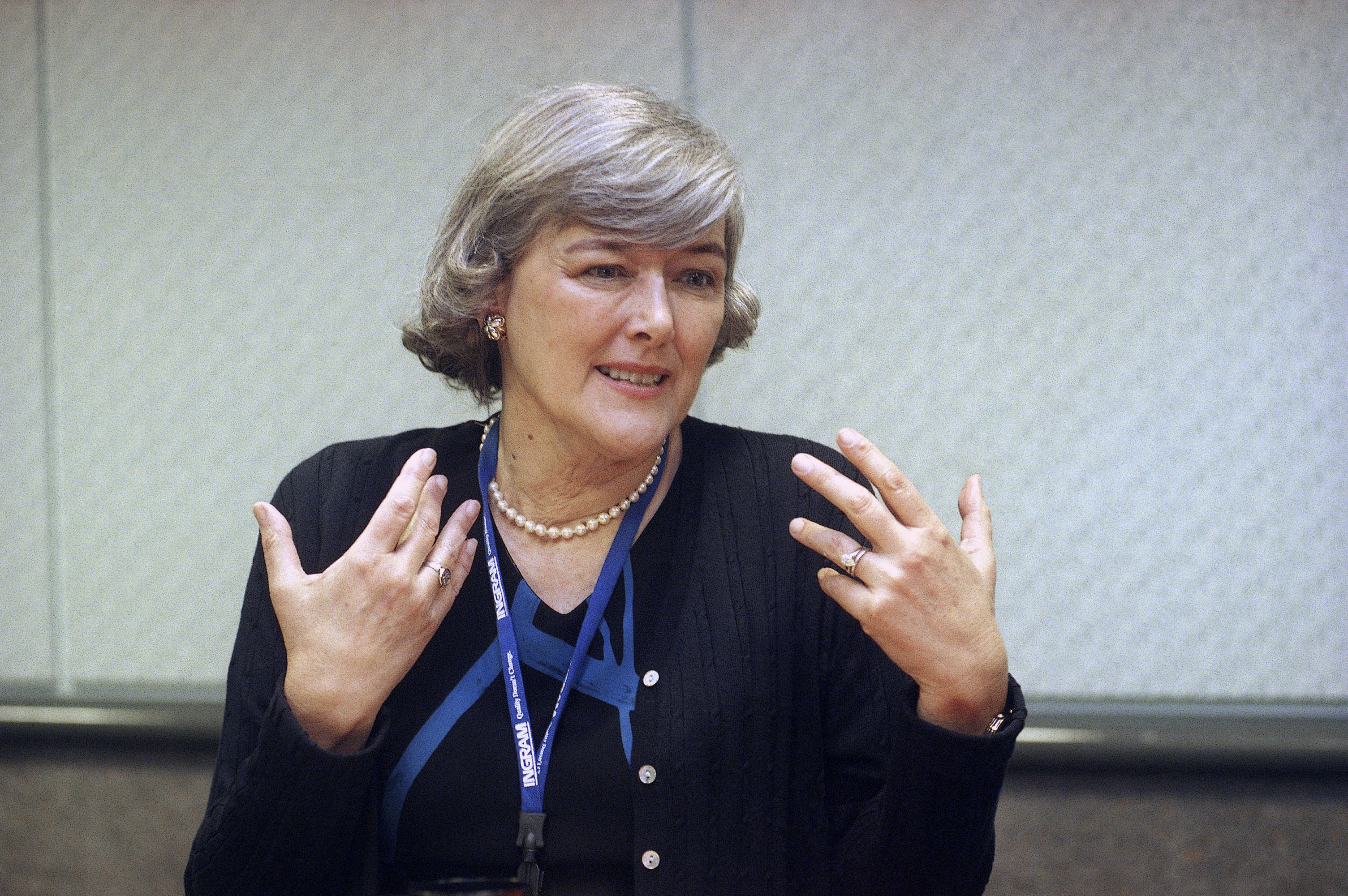 Pat Schroeder speaks during an interview at the Los Angeles Convention Center on April 30, 1999. Schroeder, a former Colorado representative and pioneer for women’s and family rights in Congress, died Monday at age 82. 
