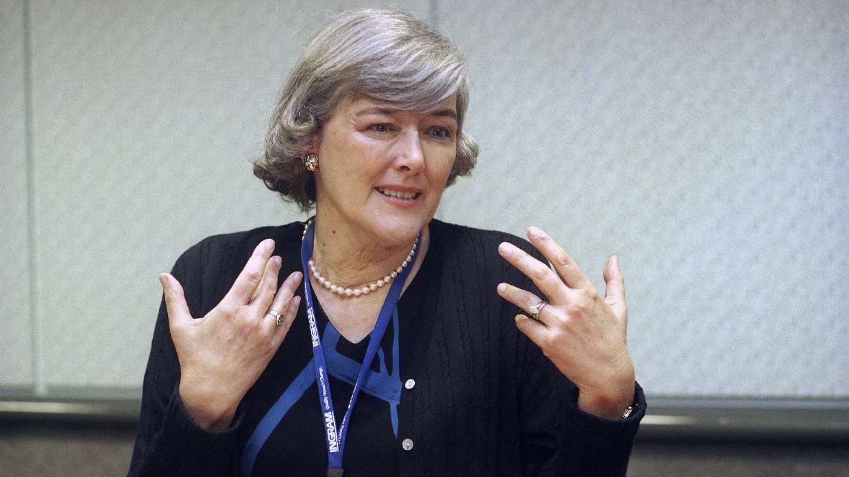 Pat Schroeder speaks during an interview at the Los Angeles Convention Center on April 30, 1999. Schroeder, a former Colorado representative and pioneer for women’s and family rights in Congress, died Monday at age 82.