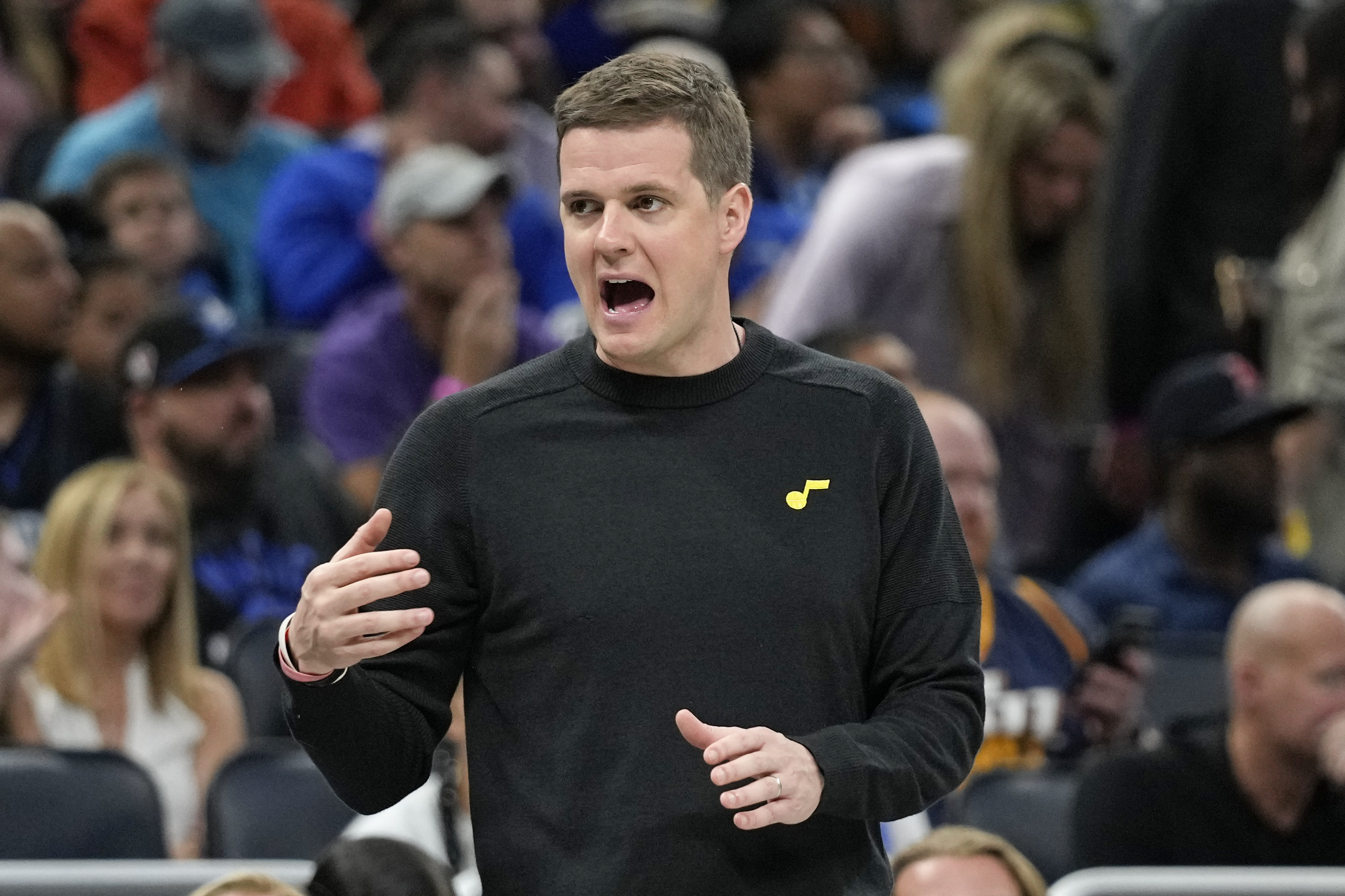 Utah Jazz head coach Will Hardy directs his team during the first half of an NBA basketball game against the Orlando Magic, Thursday, March 9, 2023, in Orlando, Fla. 