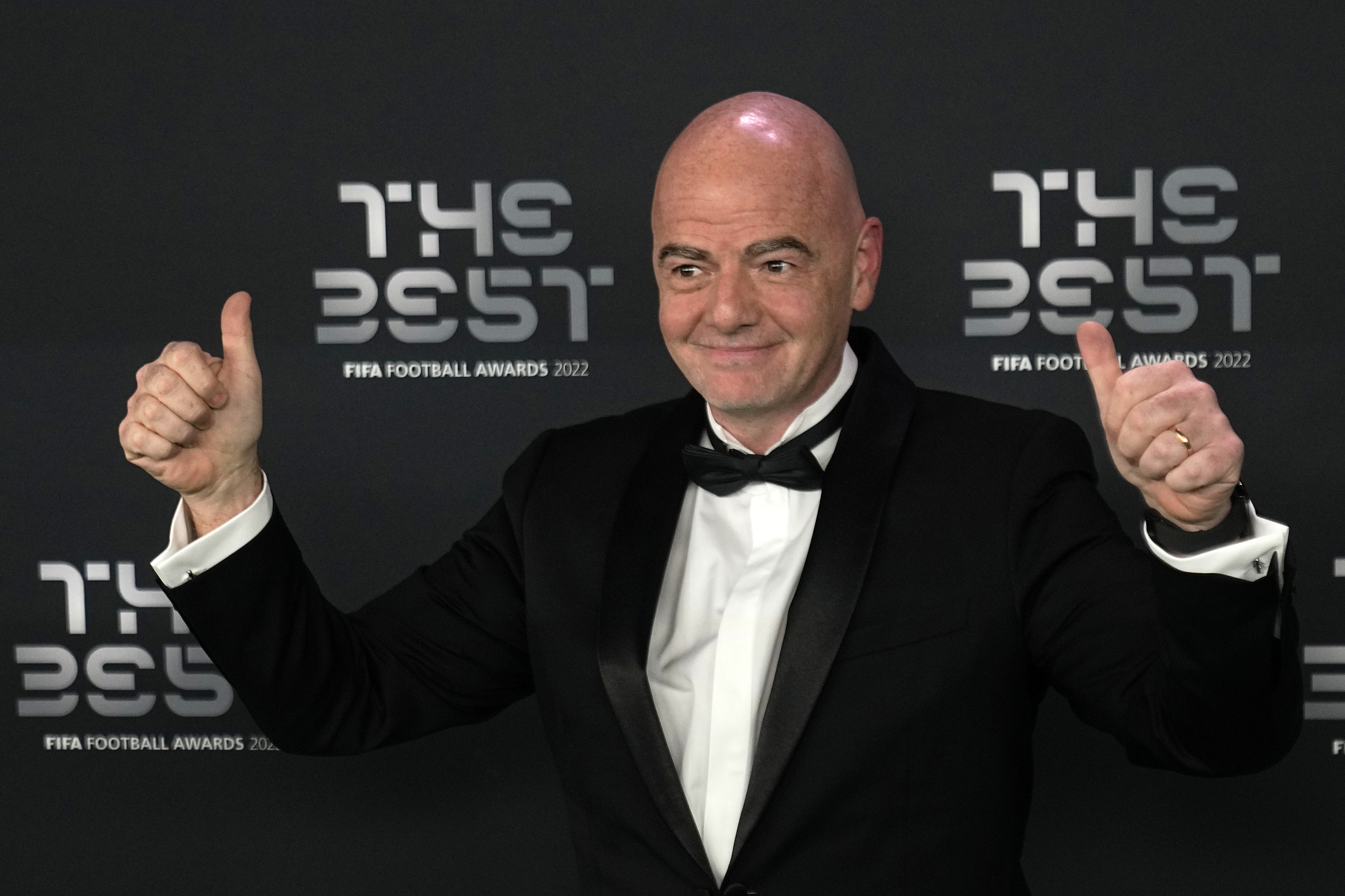 FIFA president Gianni Infantino poses on the green carpet before the ceremony of the Best FIFA Football Awards in Paris, France, Monday, Feb. 27, 2023. 