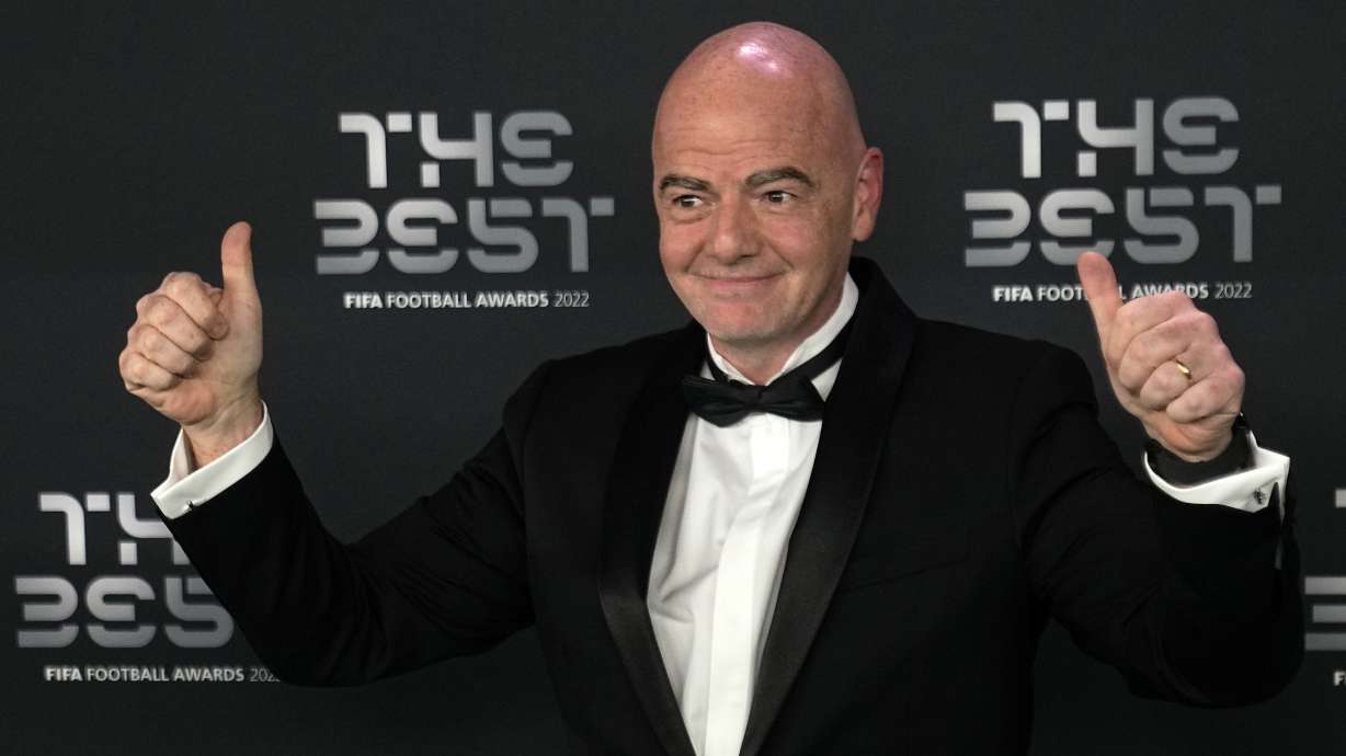 FIFA president Gianni Infantino poses on the green carpet before the ceremony of the Best FIFA Football Awards in Paris, France, Monday, Feb. 27, 2023.