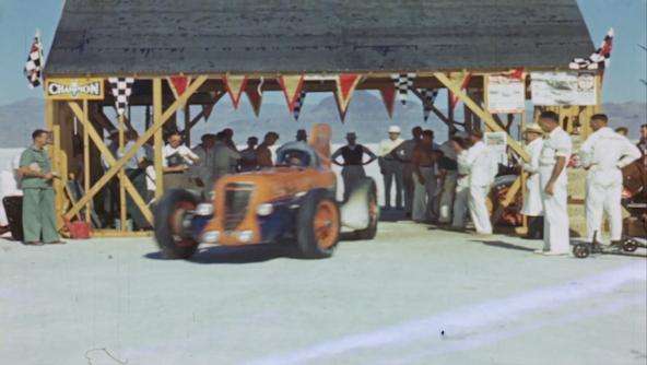 Ab Jenkins taking off in the Mormon Meteor III on the Bonneville Salt Flats in this undated photo.