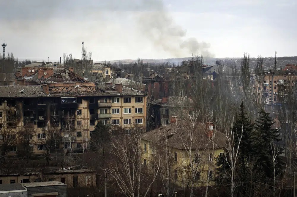 A view of the town of Bakhmut, the site of the heaviest battles with the Russian troops, Donetsk region, Ukraine, Wednesday.