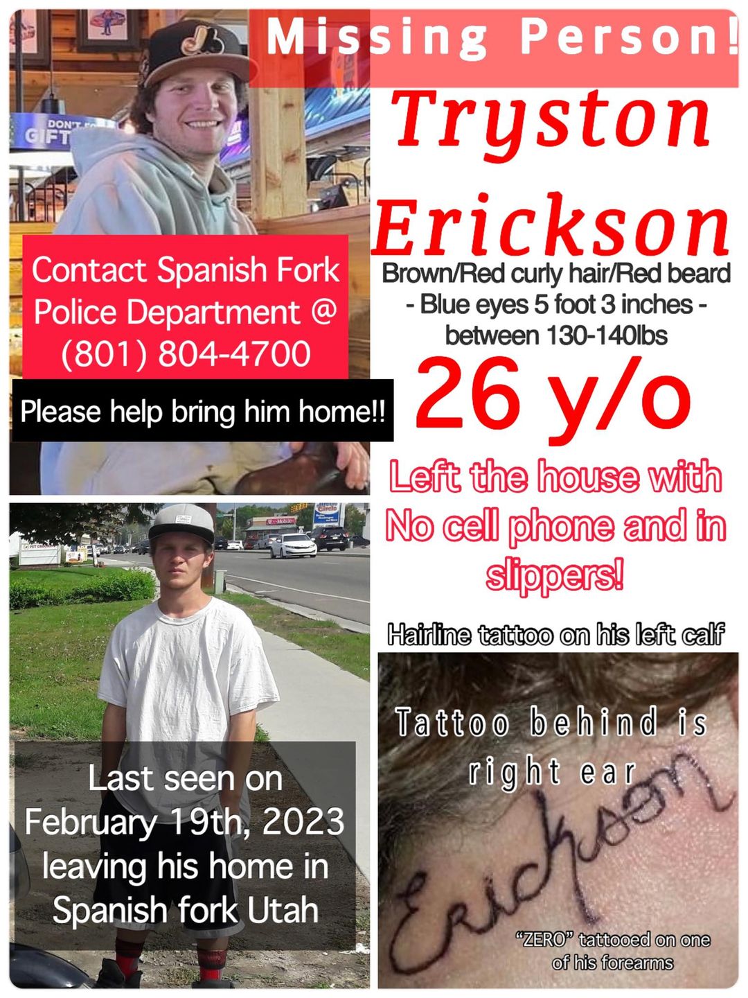 This flier was published when Tryston Erickson went missing in Spanish Fork in February. He is a person of interest in a double killing in Spanish Fork. The bodies were found on Tuesday.