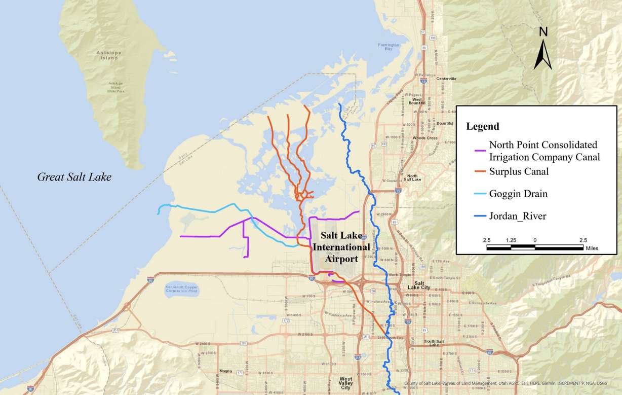 This map shows the path of the North Point Consolidated Irrigation Company canal by the Great Salt Lake's southeast shore. With the donation announced Wednesday, more than 20,000 acre-feet of water will be sent to the lake.