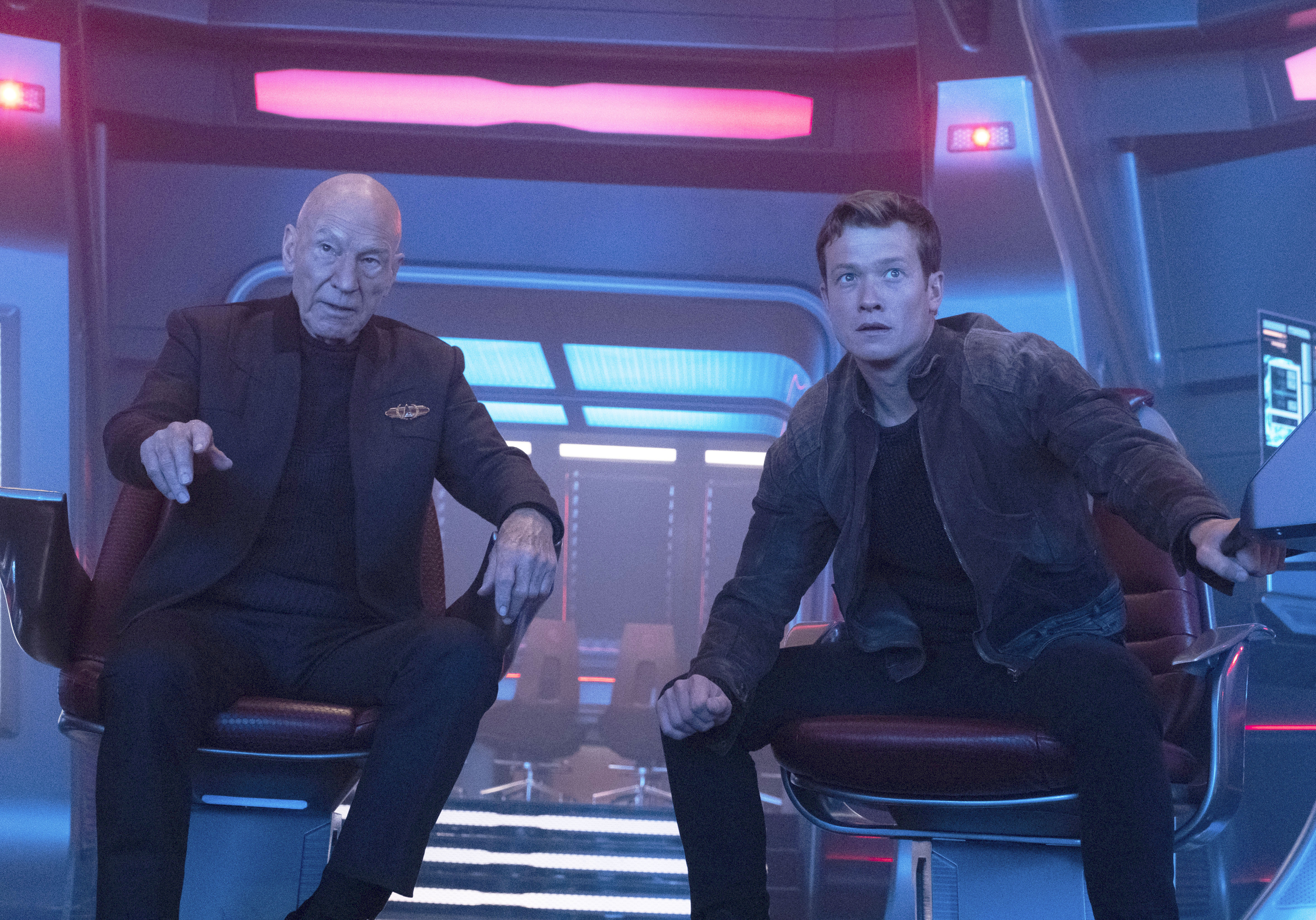 Patrick Stewart as Capt. Jean-Luc Picard and Ed Speleers as Jack Crusher in the "No Win Scenario" episode of "Star Trek: Picard." Stewart died on Wednesday at the age of 86.