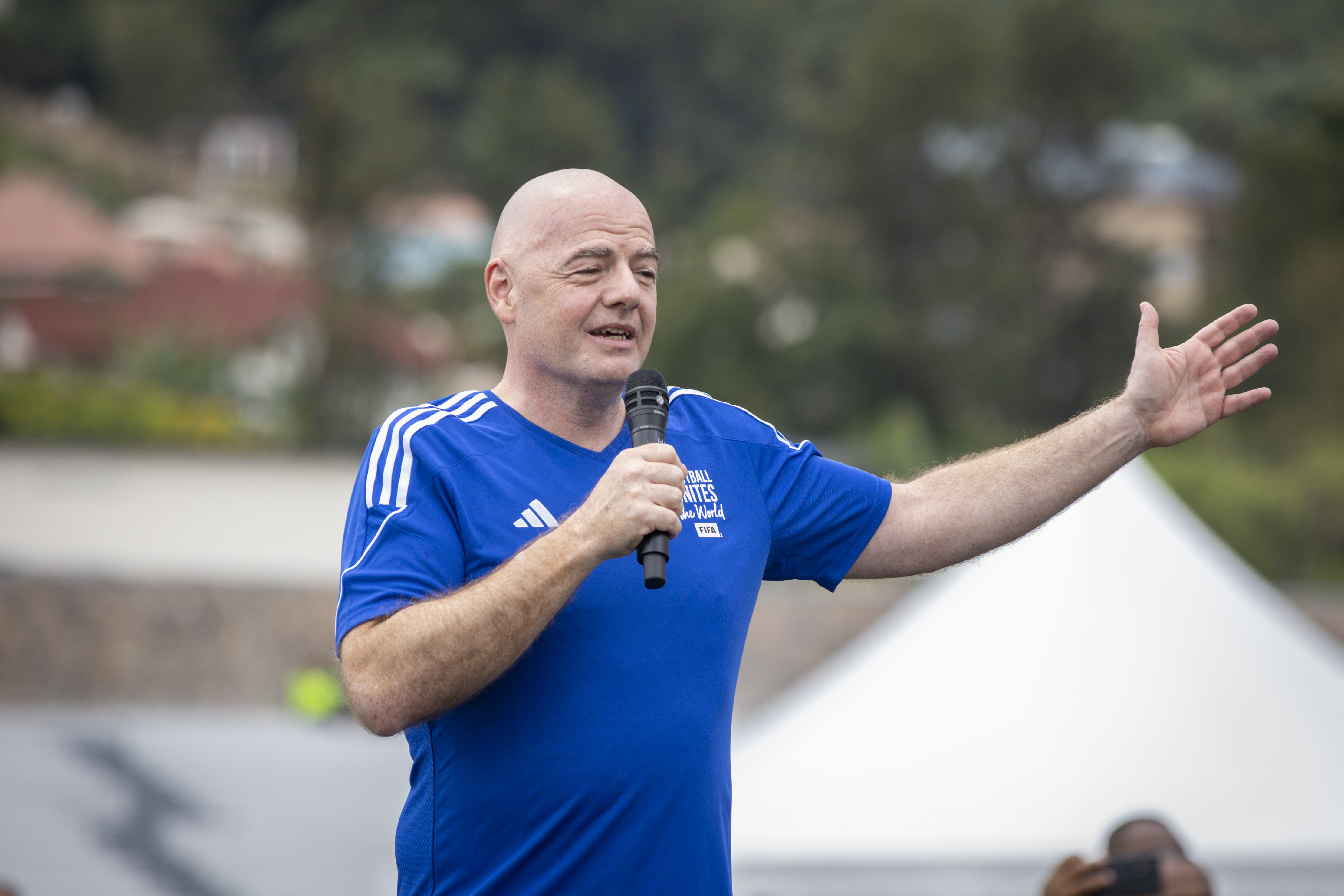 FIFA president Gianni Infantino speaks at a football tournament for delegates to the 73rd FIFA Congress, in Kigali, Rwanda Wednesday, March 15, 2023. The congress is due to take place in the Rwandan capital on Thursday. 
