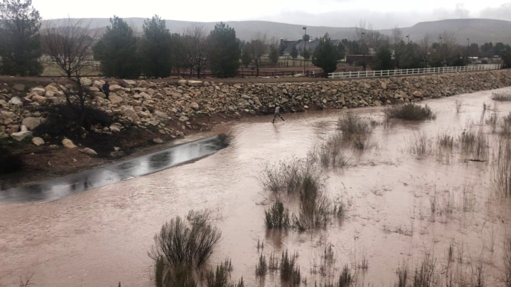 As water levels on the Virgin River rise due to increasing rain and melting snowpack, officials ask the public to stay away from the flood waters in order to prevent potential public safety incidents, Bloomington Park, St. George, Wednesday.