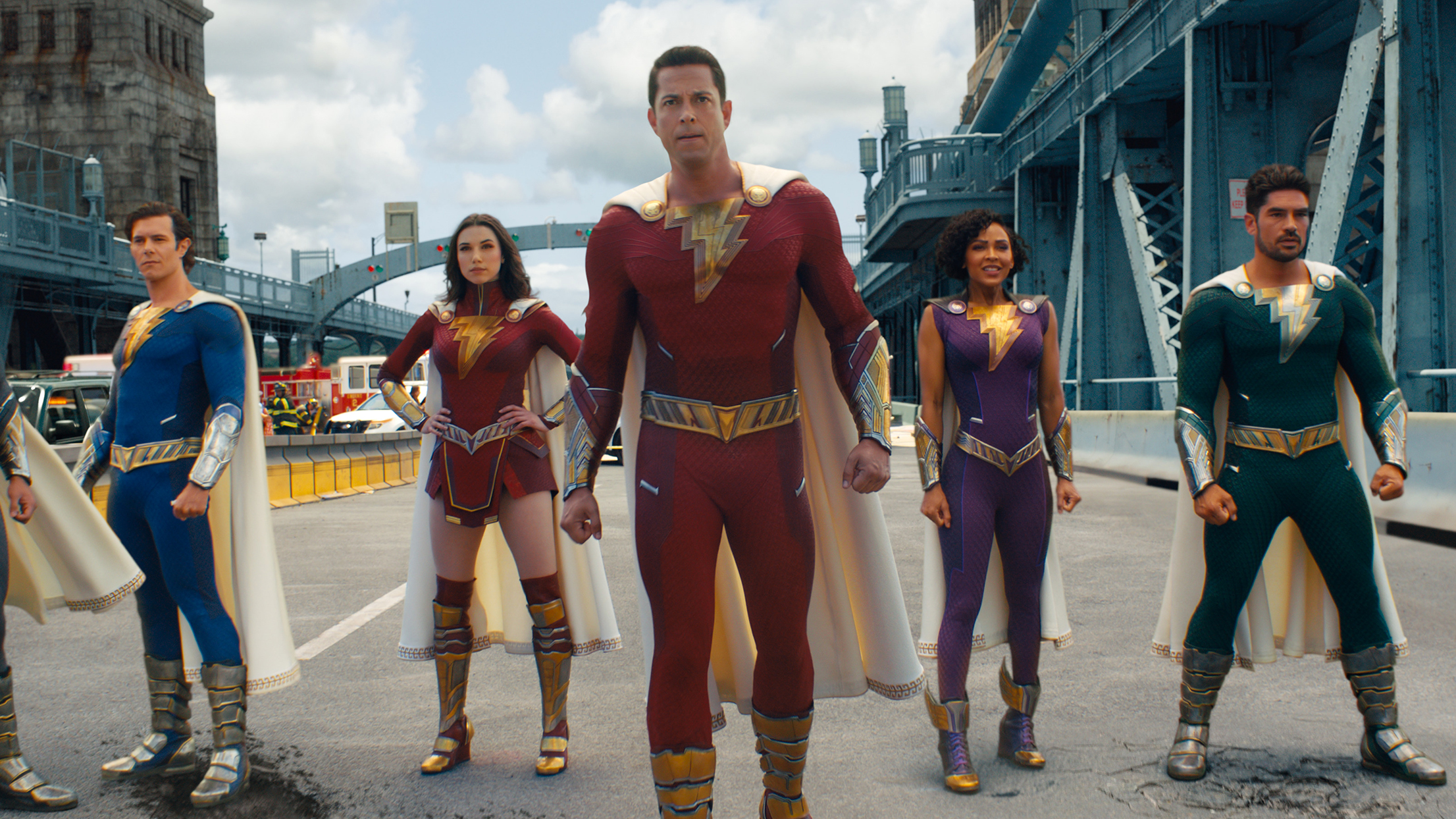 "Shazam! Fury of the Gods" provides a lightning-bolt-shaped exclamation point on the realization this comedic superhero franchise was, in fact, a one-trick pony. Zachary Levi, center, and his super-powered friends are pictured here.