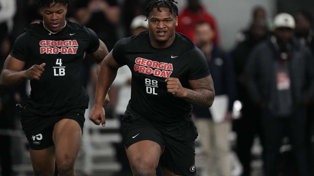 Georgia defensive lineman Jalen Carter runs football drills during Georgia's Pro Day, Wednesday, March 15, 2023, in Athens, Ga.