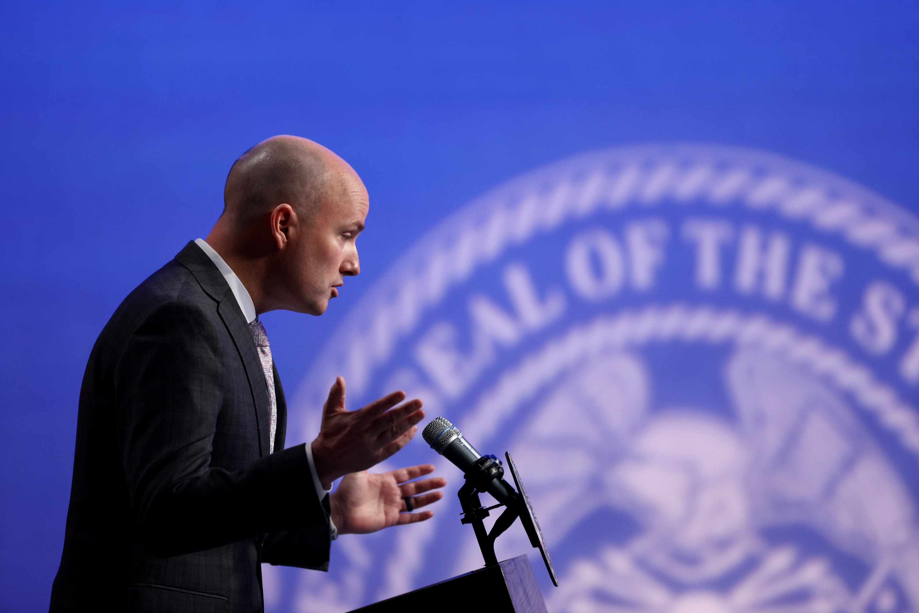 Gov. Spencer Cox holds his monthly news conference at PBS Utah in the Eccles Broadcast Center in Salt Lake City on Thursday. Bills seeking to restrict diversity, equity and inclusion initiatives received pushback from critics, but the governor says he is content with where the Utah Legislature landed on these issues.