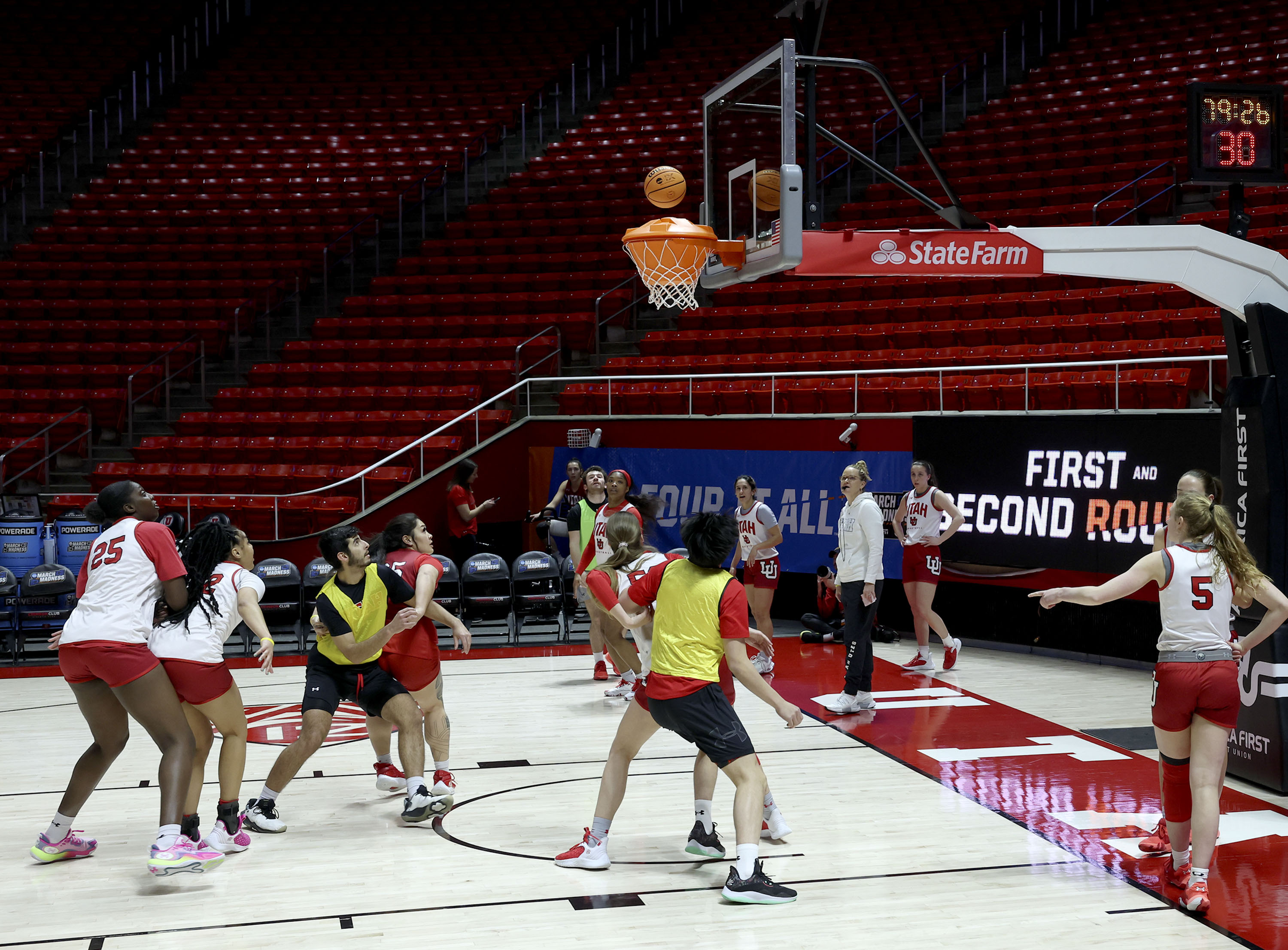 Utah practices at the Jon M. Huntsman Center in Salt Lake City on Thursday, March 16, 2023. The Utes will face No. 15 seed Gardner-Webb in the first round of the NCAA women’s basketball tournament on Friday at 5:30 p.m. MDT at the Huntsman Center.