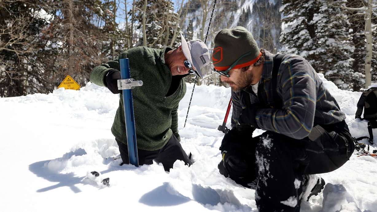 Snow surveyors use a federal snow tube to measure the current snowpack at the Atwater SNOwpack TELemetry (SNOTEL) site in Alta on Thursday. Utah's snowpack is the highest it has ever been for this point in the year since at least 1980.
