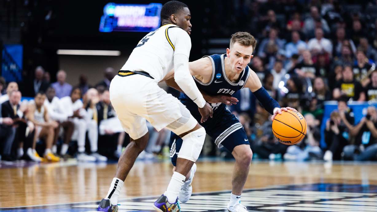 Utah State Aggies guard Steven Ashworth (3) drives the ball during the first round of the NCAA men’s basketball tournament between Utah State and Missouri at the Golden 1 Center in Sacramento on March 16, 2023.