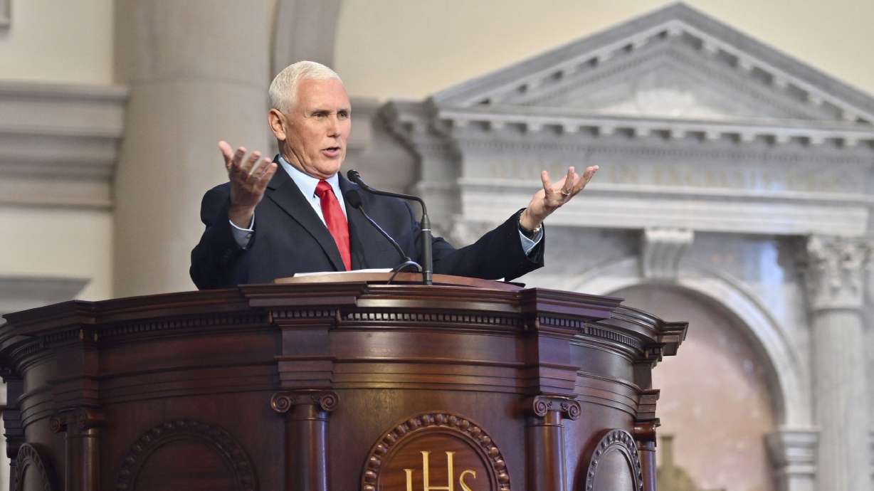 Former Vice President Mike Pence gives a lecture at Hillsdale College, in Hillsdale, Mich., on March 1. Pence joked about his own religious devotion and that of former President Donald Trump's in a recent speech at a Washington press dinner.