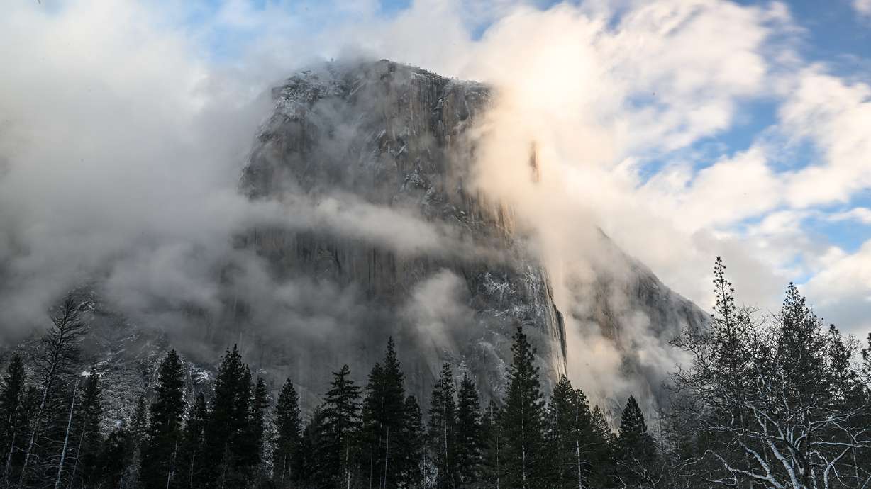 A view of El Capitan as snow blanketed Yosemite National Park, in California, on Feb. 22. The park will partially reopen on March 18.