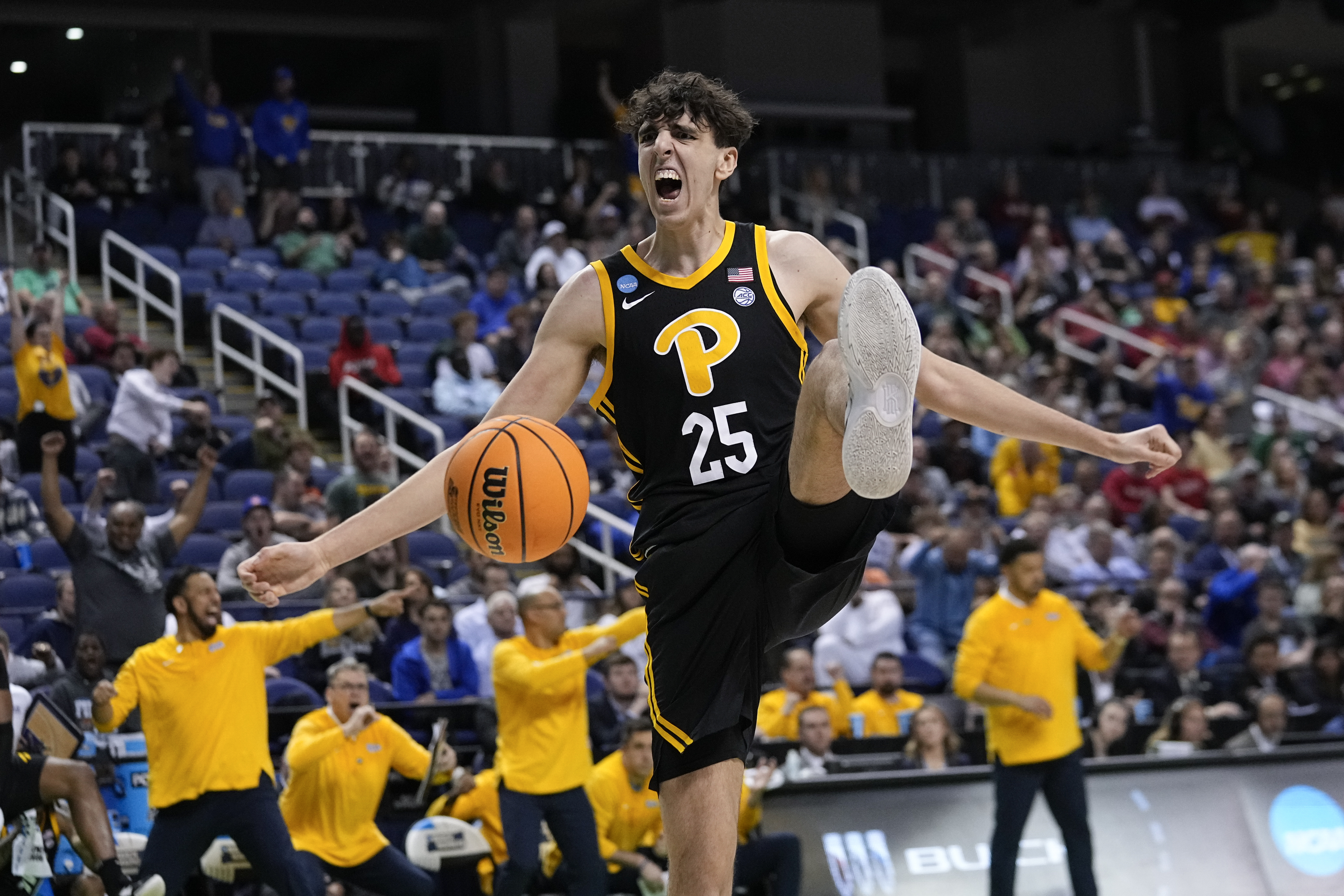 Pittsburgh forward Guillermo Diaz Graham (25) reacts after scoring during the second half of a first-round college basketball game against Iowa State in the NCAA Tournament on Friday, March 17, 2023, in Greensboro, N.C. 