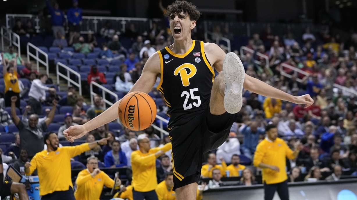 Pittsburgh forward Guillermo Diaz Graham (25) reacts after scoring during the second half of a first-round college basketball game against Iowa State in the NCAA Tournament on Friday, March 17, 2023, in Greensboro, N.C.
