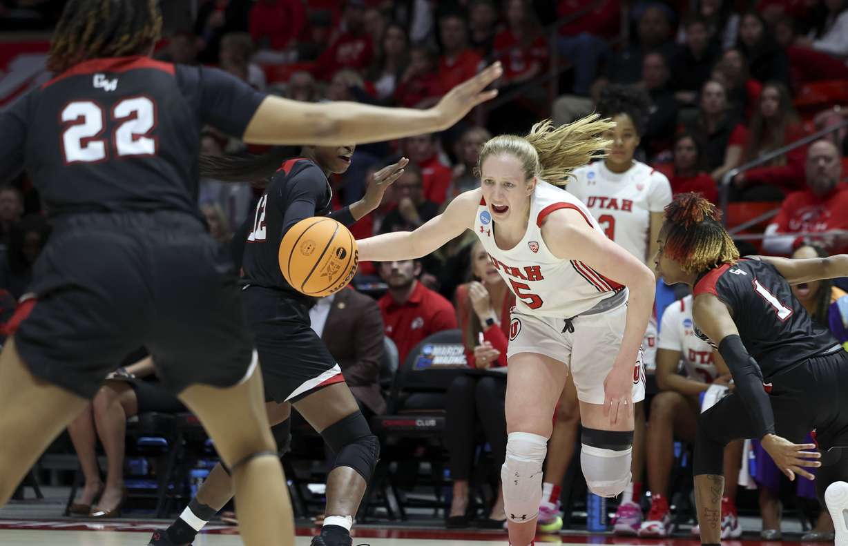 Utah Utes guard Gianna Kneepkens (5) drives against Gardner-Webb in the NCAA First Round at the Jon M. Huntsman Center in Salt Lake City on Thursday, March 16, 2023.