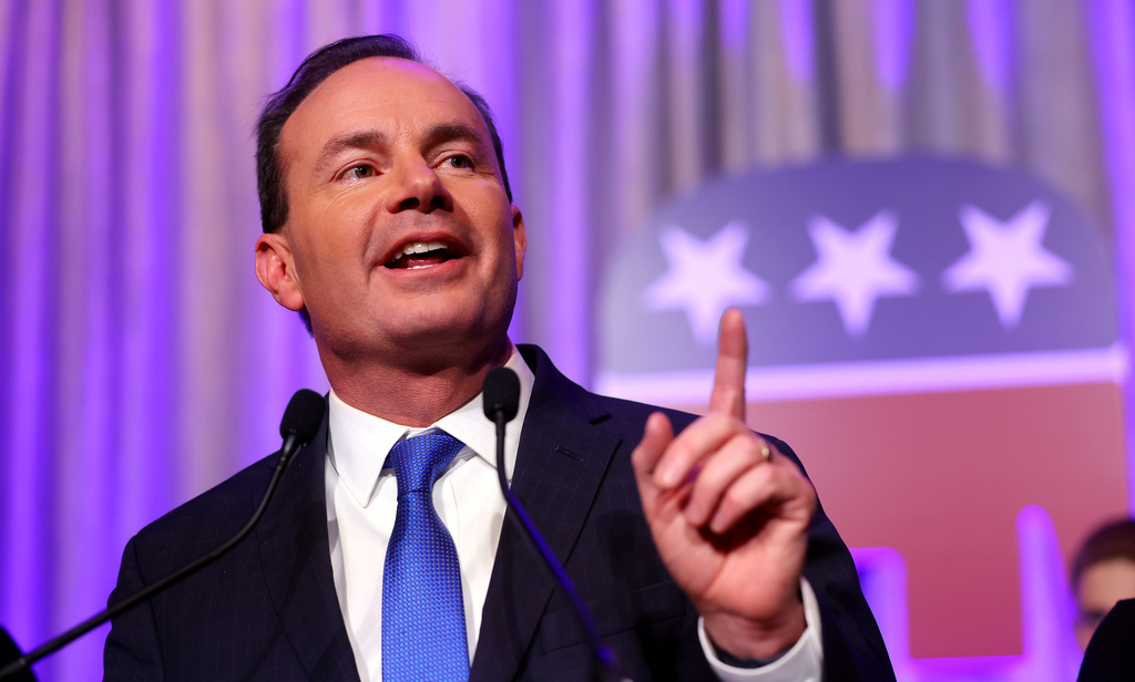 Sen. Mike Lee speaks to a crowd of supporters at an election party at the Hyatt Regency in Salt Lake on Nov. 8, 2022. Lee is on the organizing committee for a new international organization that aims to provide an alternative to the World Economic Forum.