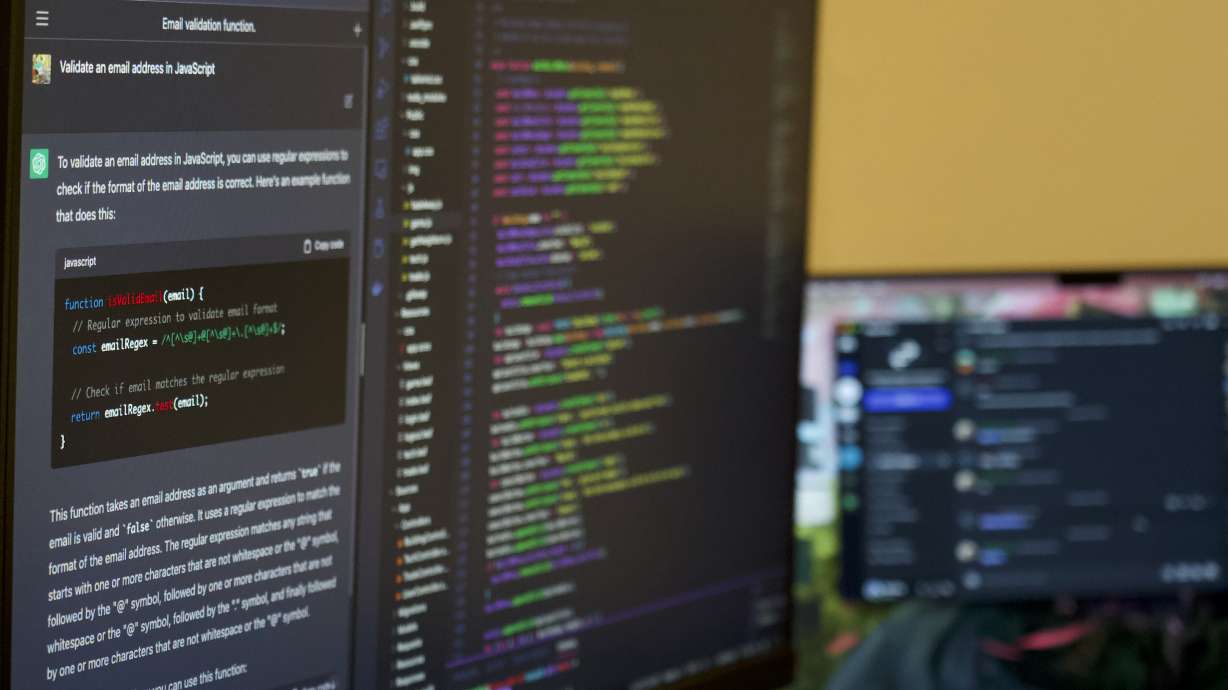 A computer screen shows a programmer asking ChatGPT how to validate an email in JavaScript on March 14. AI tools provide software developers and programmers freedom by automating tedious tasks.