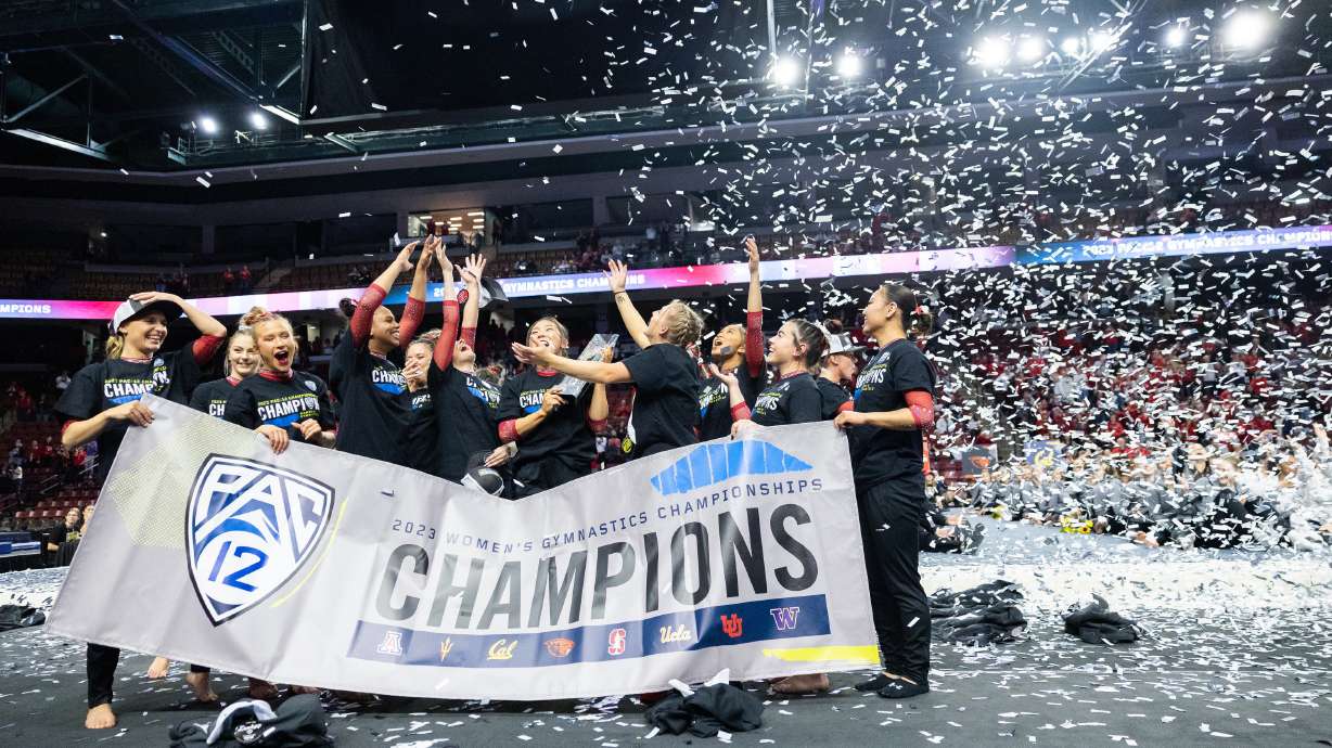 Utah reacts after winning the Pac-12 Gymnastics Championships at the Maverik Center in West Valley City on March 18, 2023.