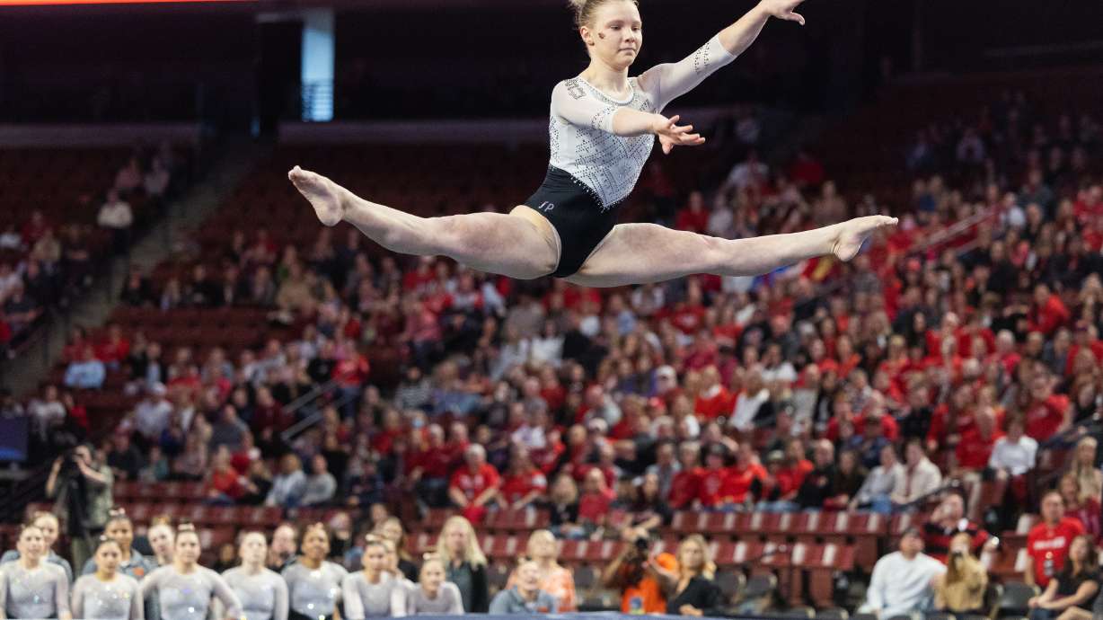 Oregon State’s Jade Carey performs her floor routine during the Pac-12 Gymnastics Championships at the Maverik Center in West Valley City on March 18, 2023.