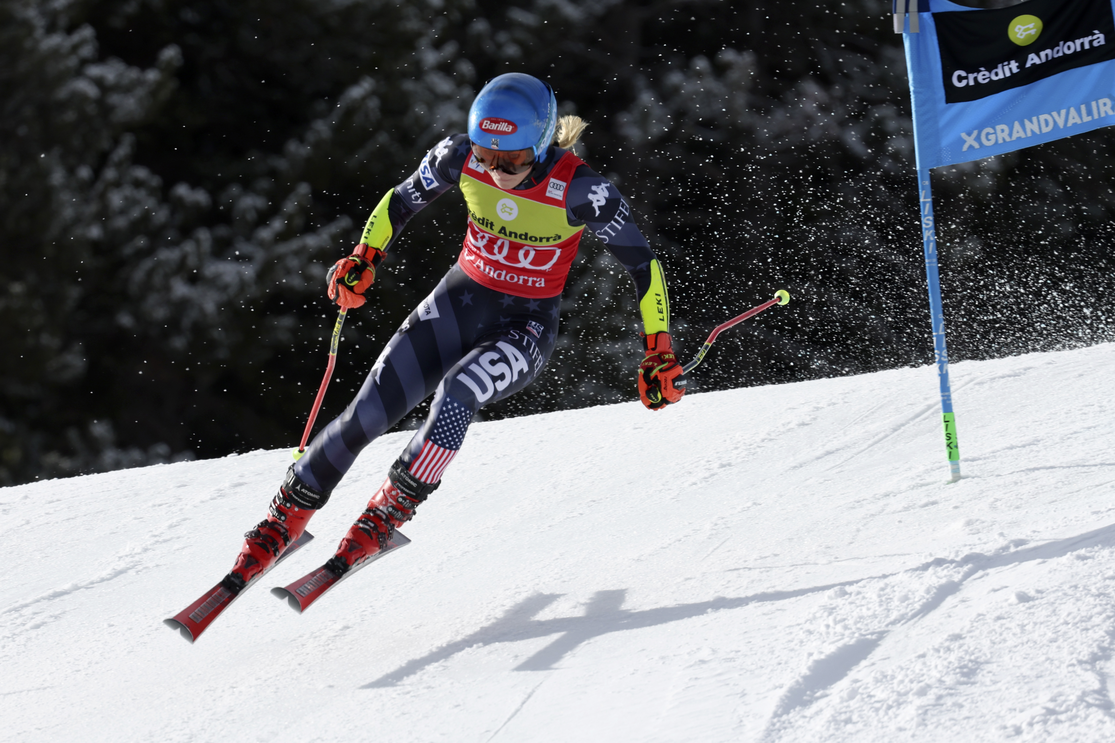 United States' Mikaela Shiffrin competes in an alpine ski, women's World Cup giant slalom race, in Soldeu, Andorra, Sunday, March 19, 2023. 