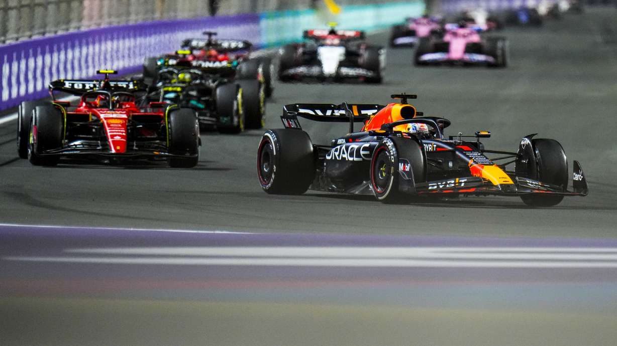 Red Bull driver Max Verstappen of the Netherlands steers his car during the Saudi Arabia Formula One Grand Prix at the Jeddah corniche circuit in Jeddah, Saudi Arabia, Sunday, March 19, 2023.
