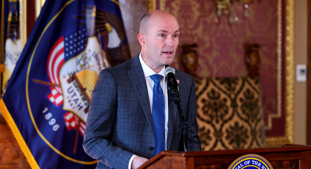 Gov. Spencer Cox announces plans sue social media companies at the Capitol on Jan. 23. Cox plans to sign a pair of social media regulations.