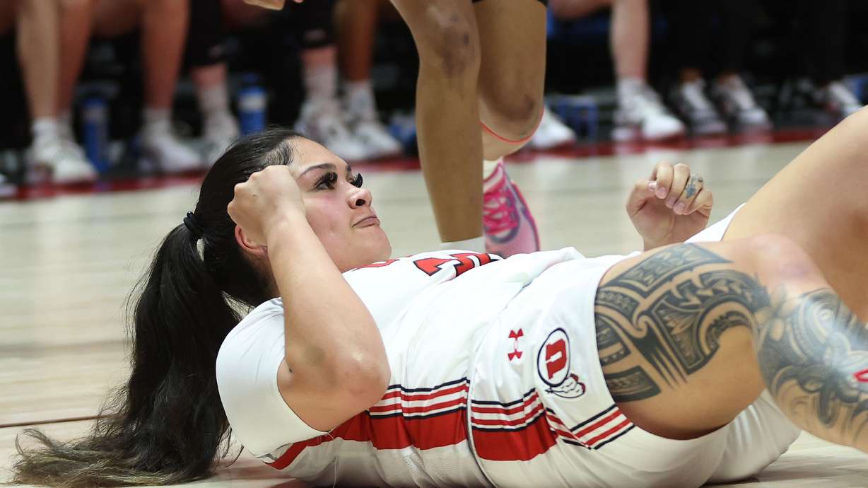 Utah Utes forward Alissa Pili (35) celebrates a basket and a foul against her in the second round of the NCAA tournament in Salt Lake City on Sunday, March 19, 2023. Utah won 63-56 and advance to the Sweet Sixteen.