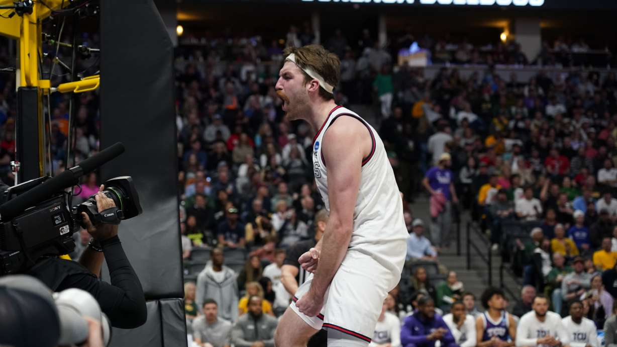 Gonzaga forward Drew Timme reacts after scoring a basket against TCU during the first half of a second-round college basketball game in the men's NCAA Tournament on Sunday, March 19, 2023, in Denver.