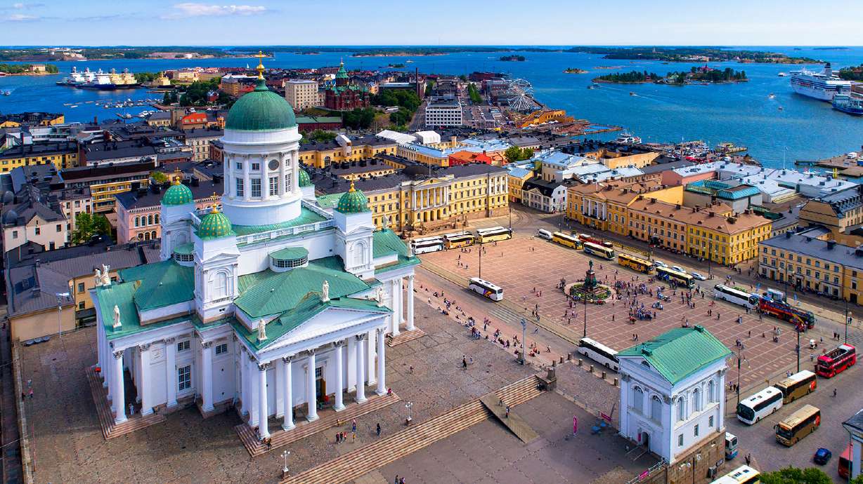 The cityscape is seen at Senate Square in Helsinki, Finland. For the sixth year in a row, Finland is the world's happiest country, according to World Happiness Report rankings.