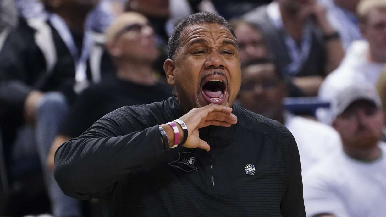 Providence head coach Ed Cooley shouts to his players on the court during the second half of a first-round college basketball game against the Kentucky in the NCAA Tournament on Friday, March 17, 2023, in Greensboro, N.C.