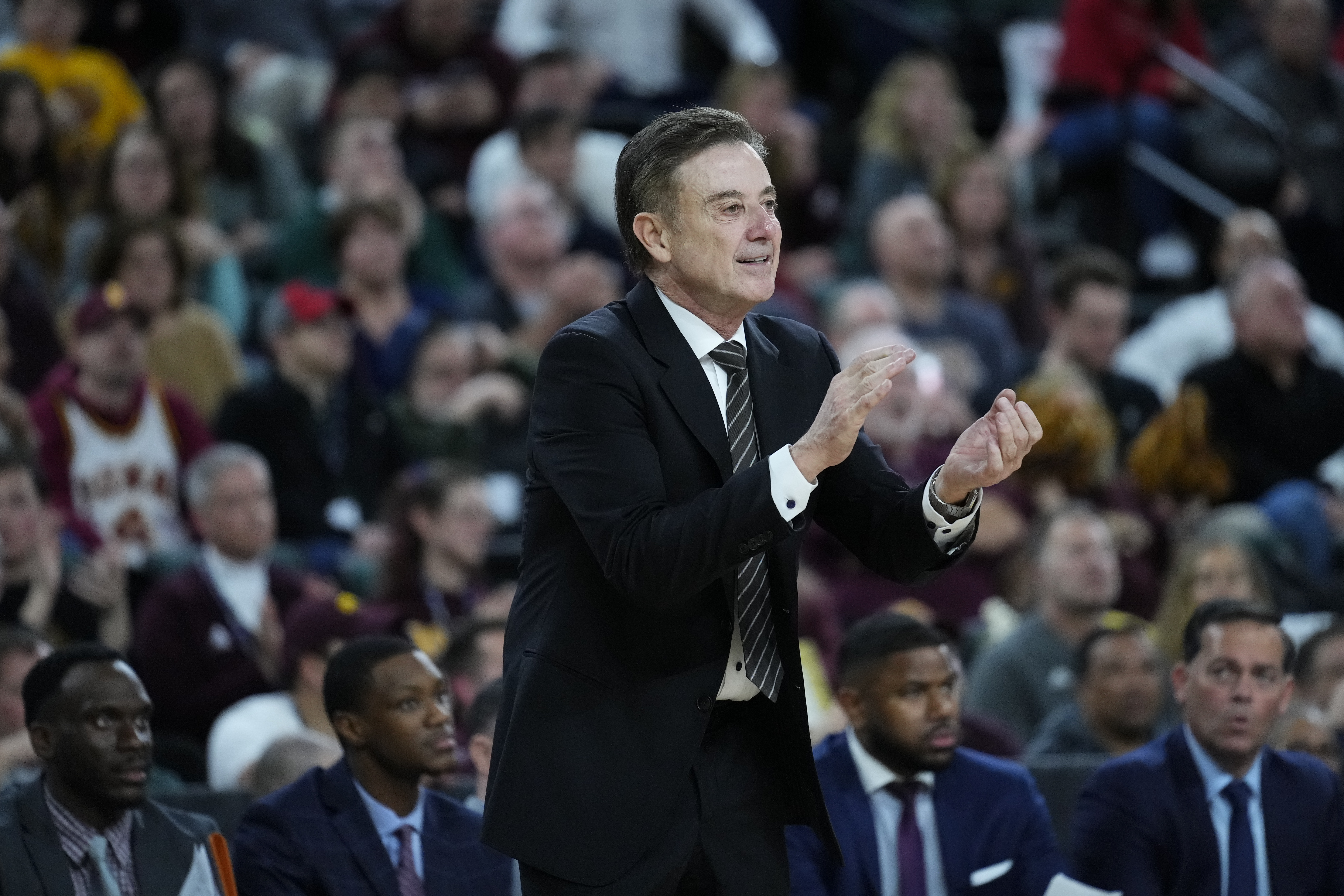 Iona head coach Rick Pitino calls out during the second half of an NCAA college basketball game against the Marist in the championship of the Metro Atlantic Athletic Conference Tournament, Saturday, March 11, 2023, in Atlantic City N.J.