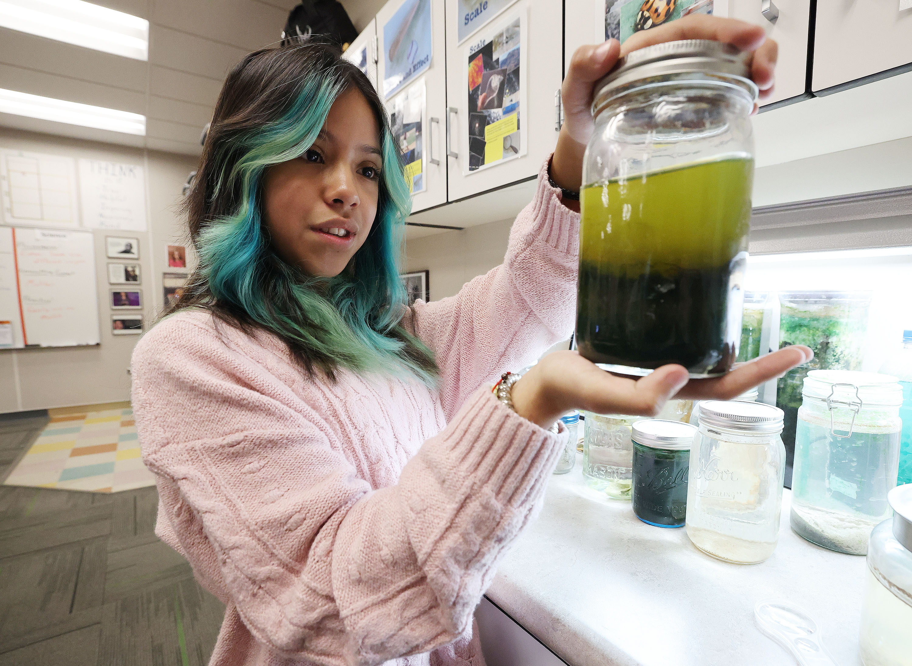 Salt Lake City's Emerson Elementary School sixth-grader Camila Reza looks over a sample of Great Salt Lake water in class on Jan. 13. The class inspired HB137, a bill designating brine shrimp as Utah's state crustacean.