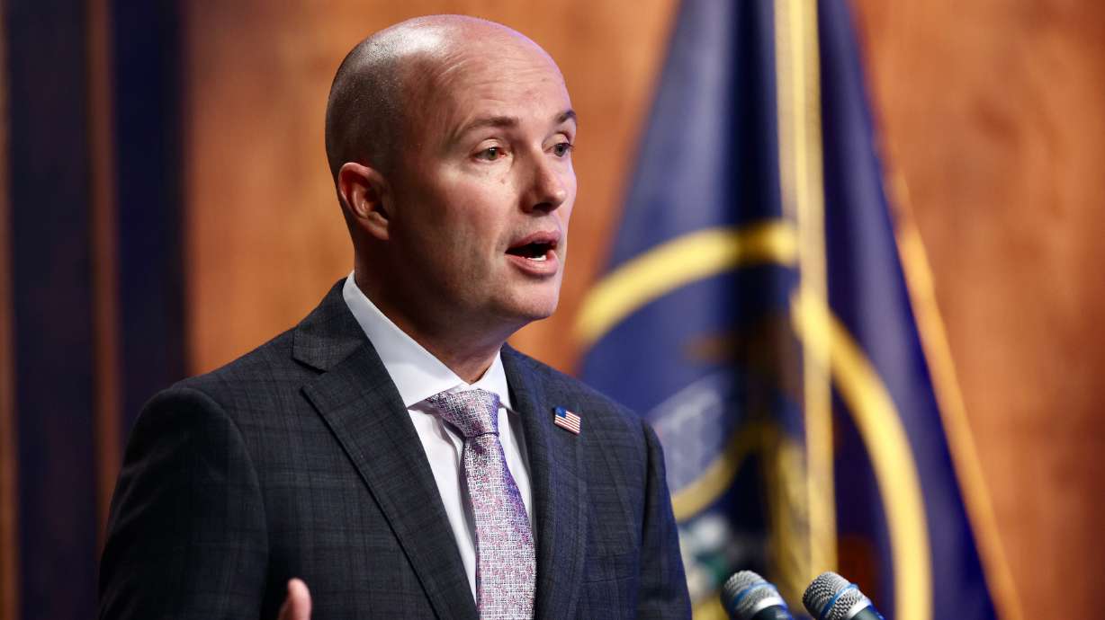 Gov. Spencer Cox holds his monthly news conference at PBS Utah in the Eccles Broadcast Center in Salt Lake City. The governor declared May 1, 2023 as Children’s Mental Health Awareness Day in Utah.