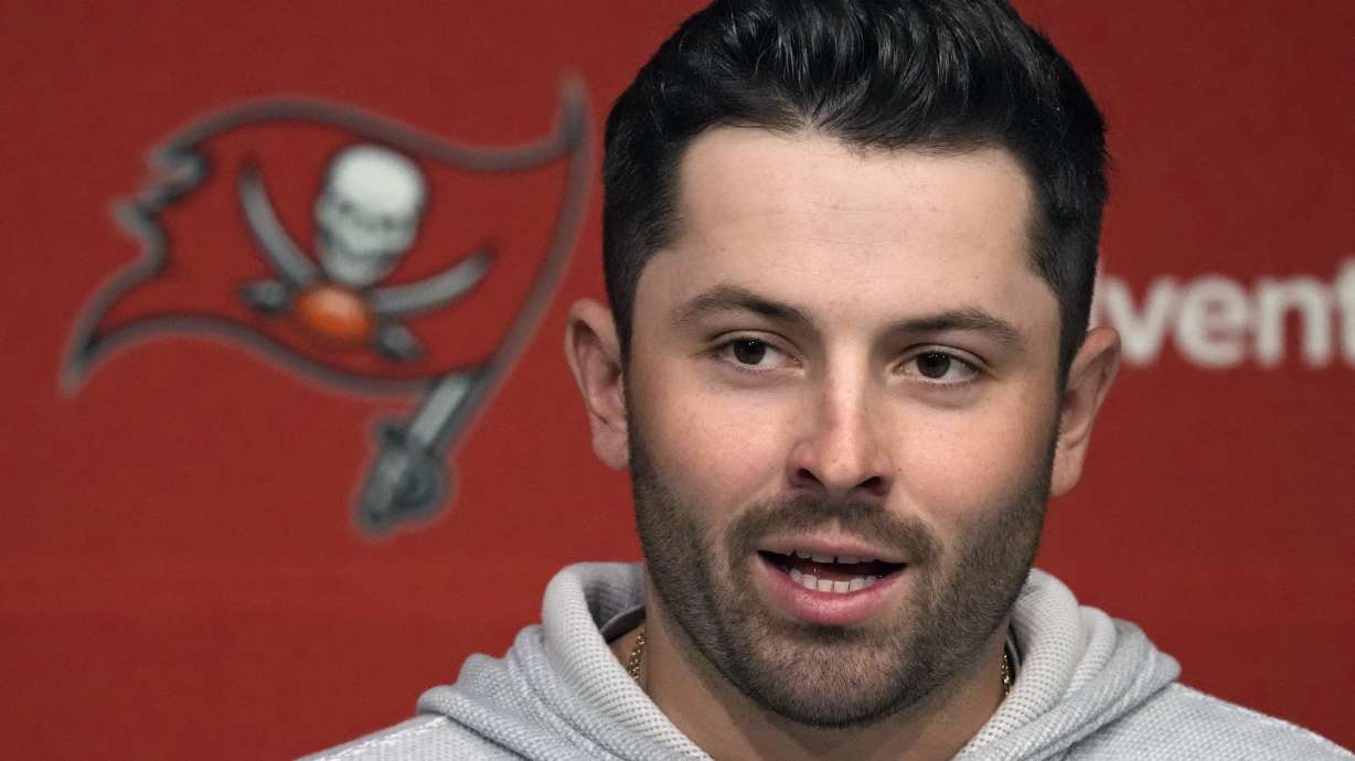 New Tampa Bay Buccaneers quarterback Baker Mayfield answers a question during an NFL football news conference on Monday, March 20, 2023, in Tampa, Fla. The Buccaneers signed Mayfield to a one year contract.