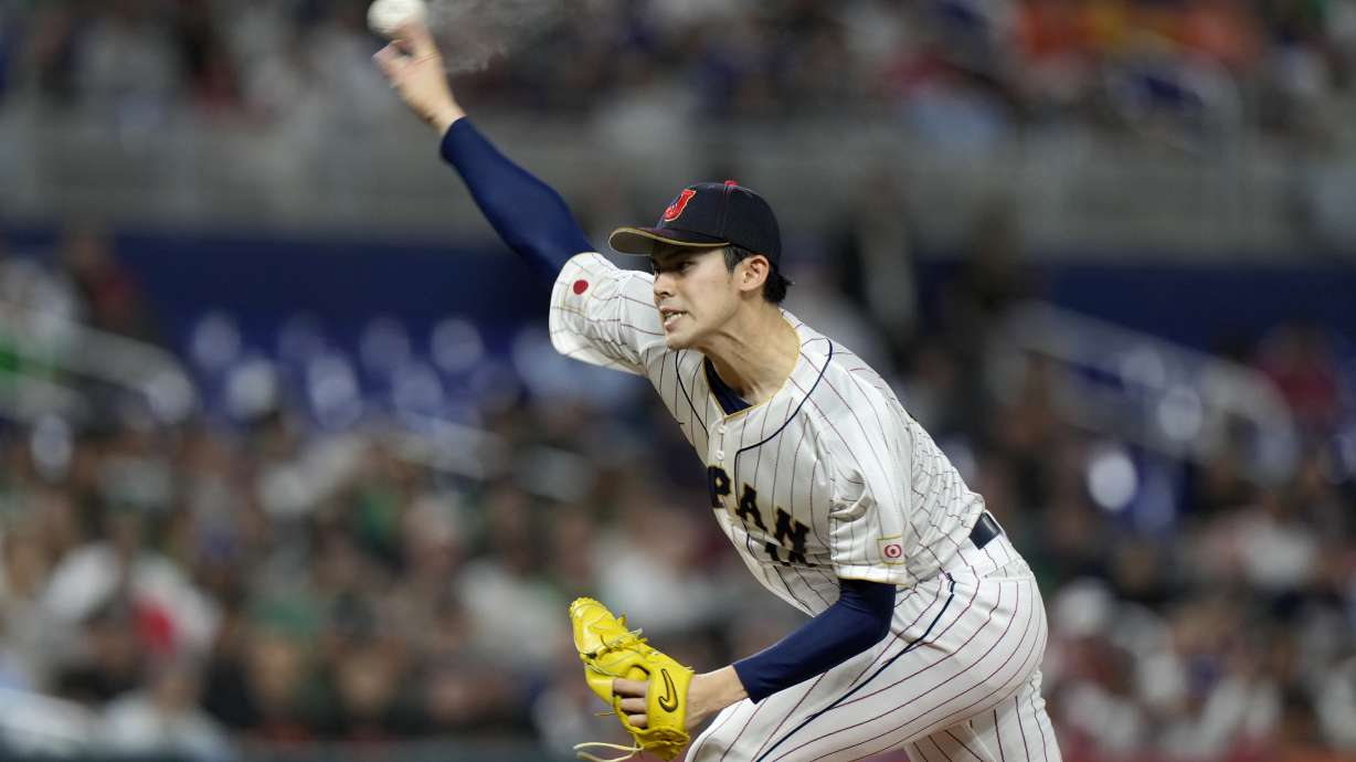 Japan's Roki Sasaki delivers a pitch during the first inning of a World Baseball Classic game against Mexico, Monday, March 20, 2023, in Miami.