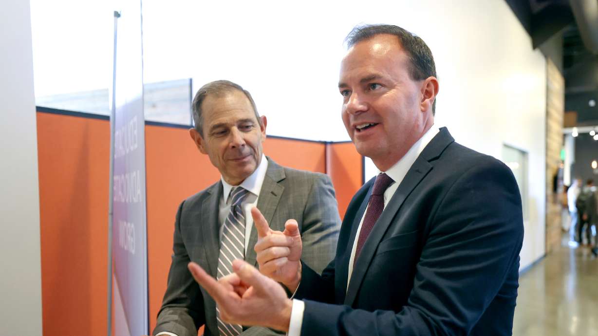 Rep. John Curtis, R-Utah, and Sen. Mike Lee, R-Utah, meet in Sandy on Aug. 18, 2022. Both were named in a recent report among the most effective lawmakers in Congress.