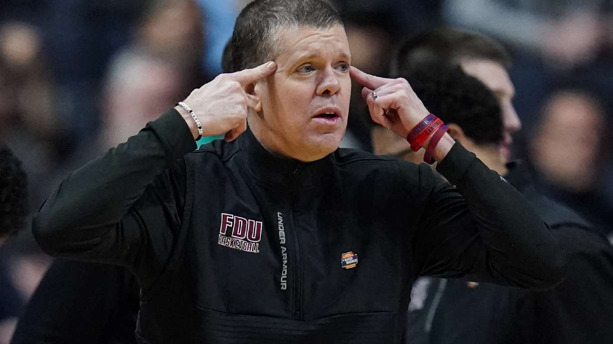 Fairleigh Dickinson head coach Tobin Anderson yells to his team as they played Florida Atlantic in the second half of a second-round college basketball game in the men's NCAA Tournament in Columbus, Ohio, Sunday, March 19, 2023.