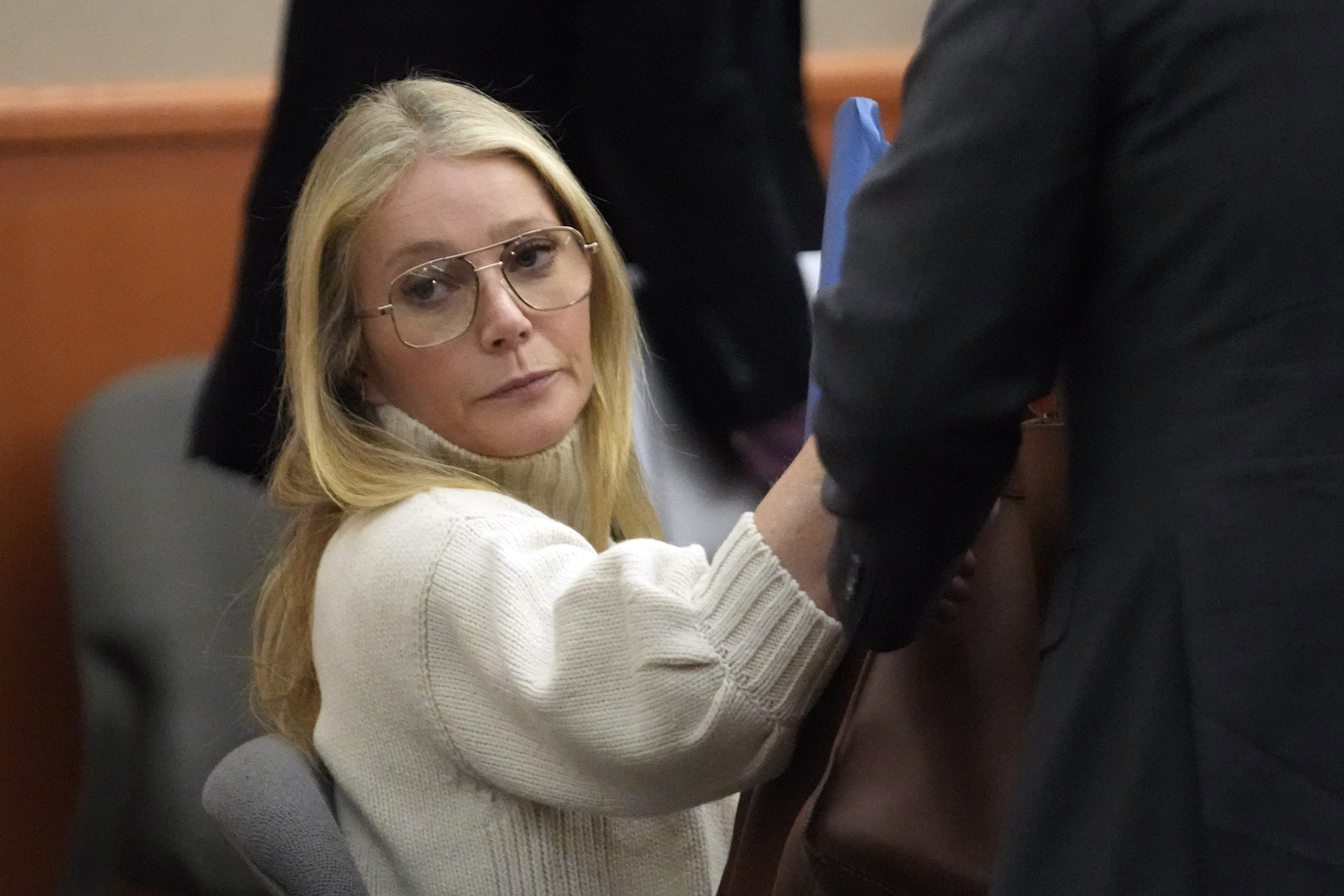 Actor Gwyneth Paltrow looks on before leaving the courtroom, Tuesday, March 21, 2023, in Park City, where she is accused in a lawsuit of crashing into a skier during a 2016 family ski vacation, leaving him with brain damage and four broken ribs.